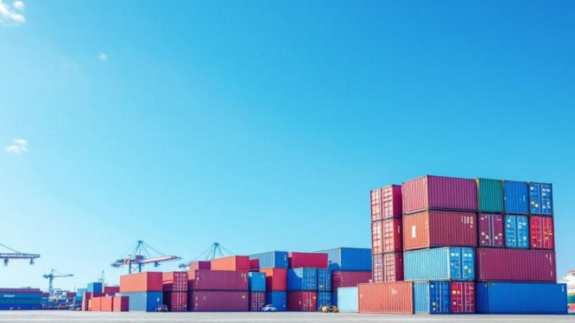 Cargo containers at a shipping dock for logistics.