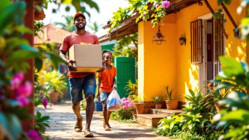 Delivery person at a Sierra Leonean home with greenery.