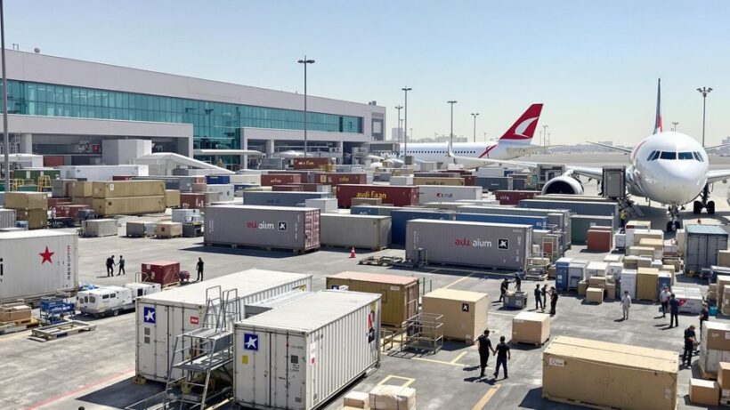 Busy air cargo terminal with planes and containers in Abu Dhabi.