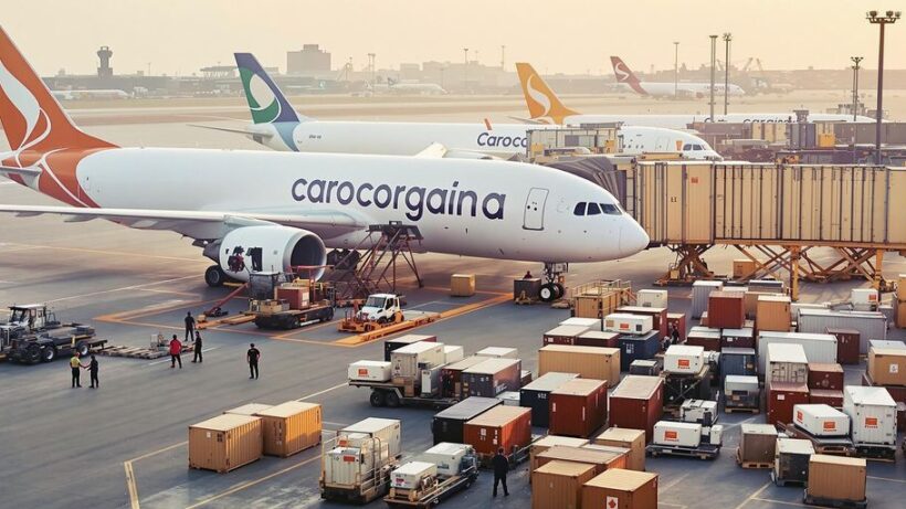 Air cargo terminal with planes and workers in UAE.