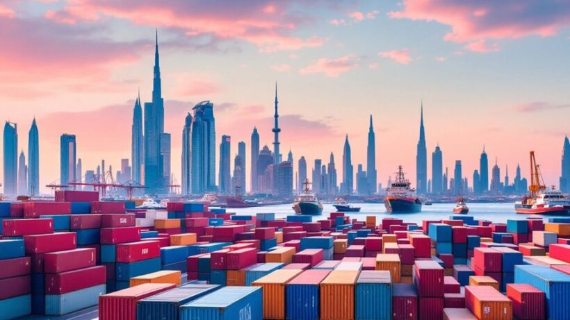 Dubai port with containers, capturing customs clearance activities.