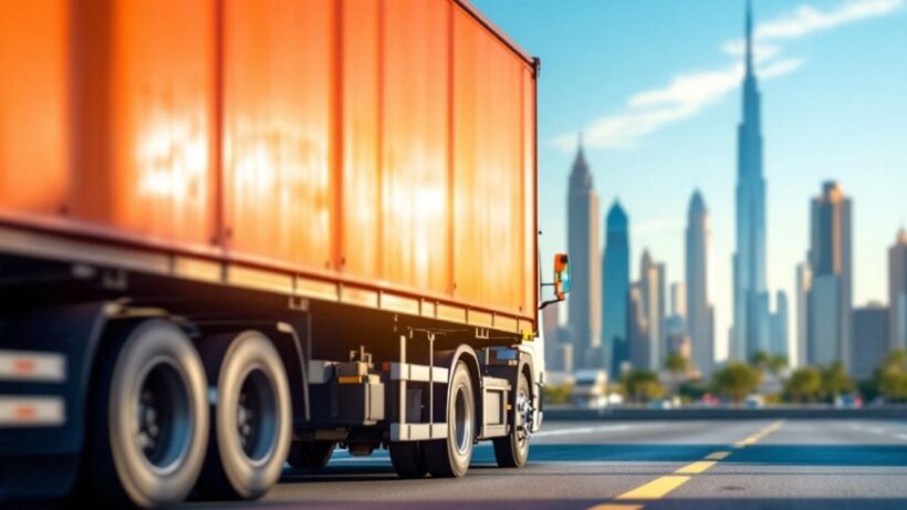 Cargo truck in Dubai with packages against city skyline.