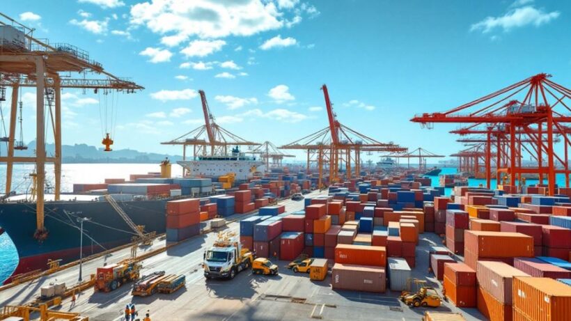 Cargo containers and ships at Dubai shipping port.