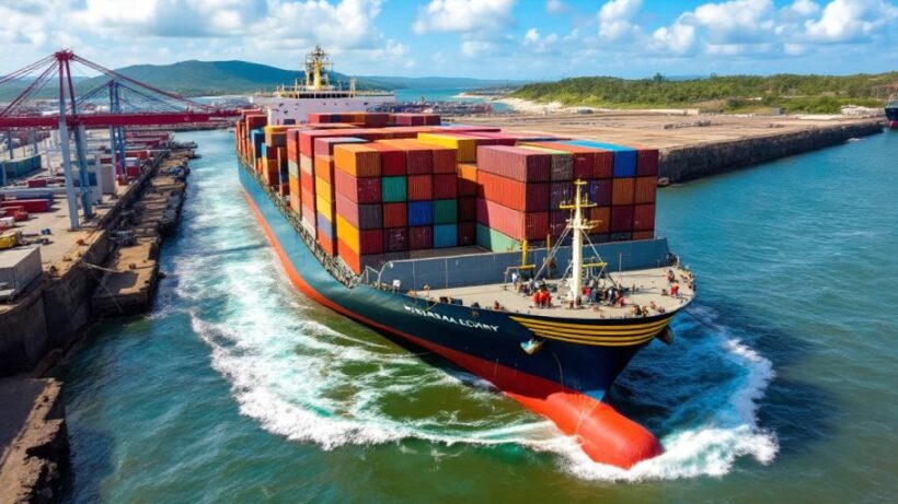 Cargo ship at Sierra Leone port with containers.