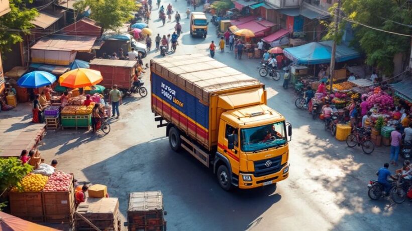 Delivery truck in vibrant Indian urban setting.