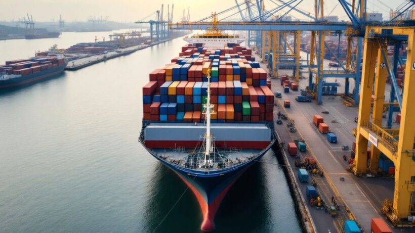 Cargo ship at Ghana port with containers and cranes.