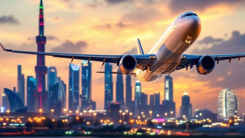 Cargo airplane taking off over Dubai skyline.