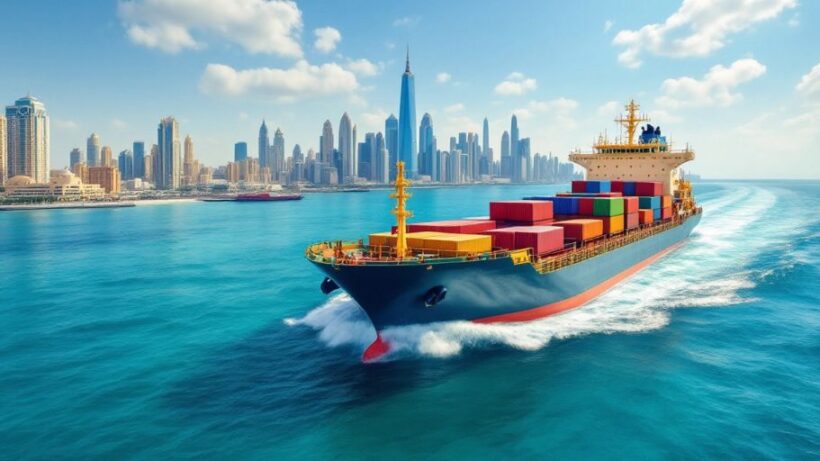 Cargo ship sailing in clear waters near UAE skyline.