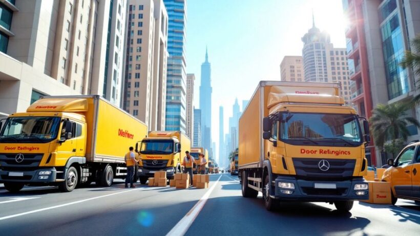 Delivery trucks on a busy street in Dubai.