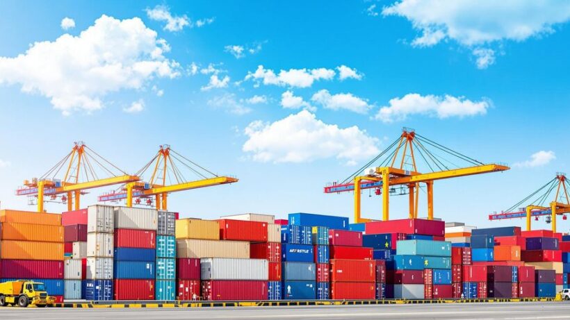 Cargo containers at a busy UAE port.