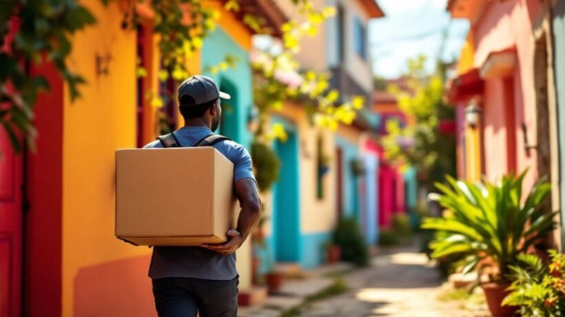 Delivery person walking with package on a vibrant street.