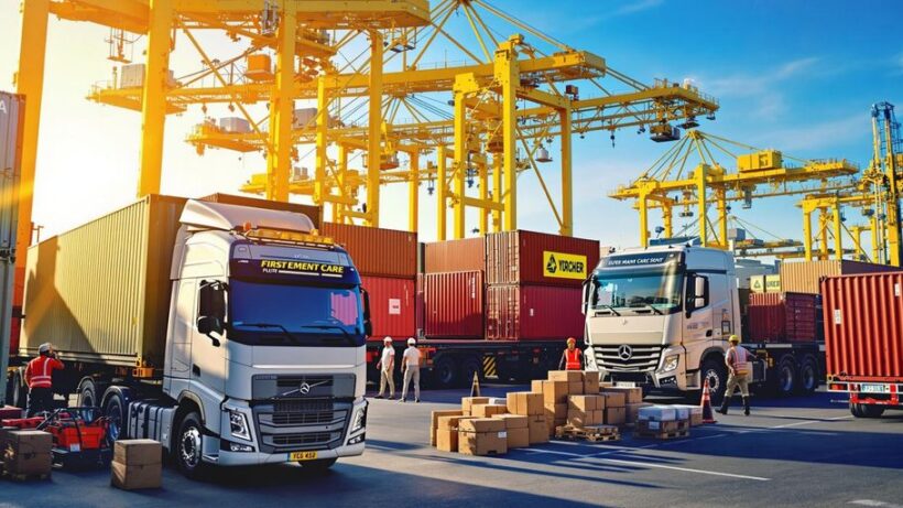 Cargo trucks and containers at a UAE port.