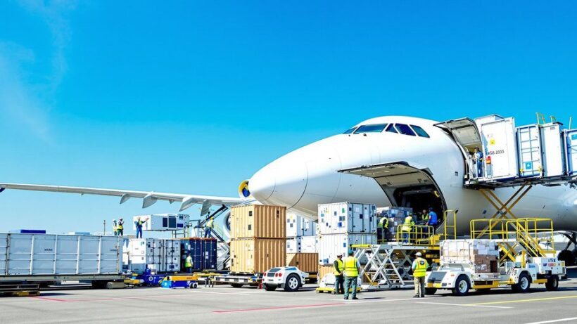 Air cargo facility with planes and cargo containers.