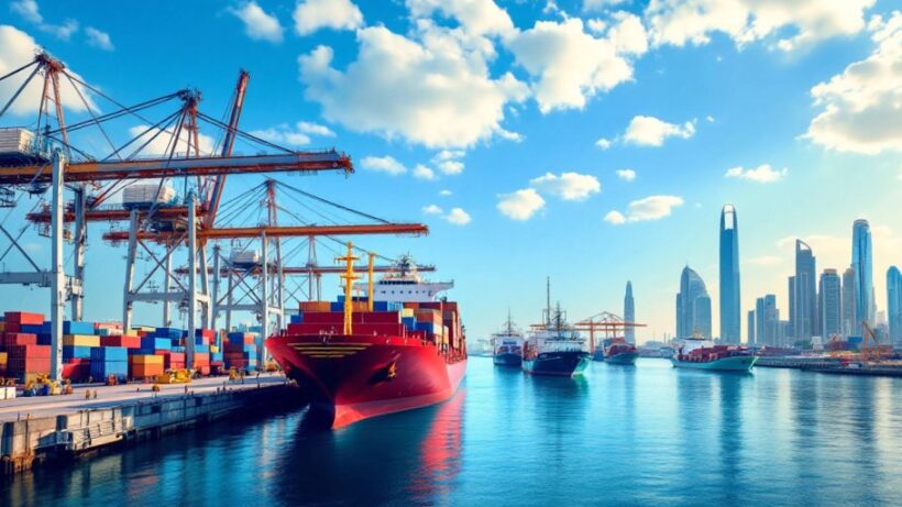 Dubai trade port with cargo ships and containers.