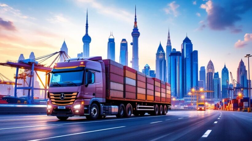 Cargo truck at Dubai shipping terminal with skyline in background.