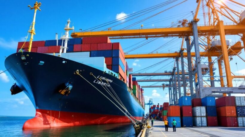 Cargo ship at port with containers in Liberia.