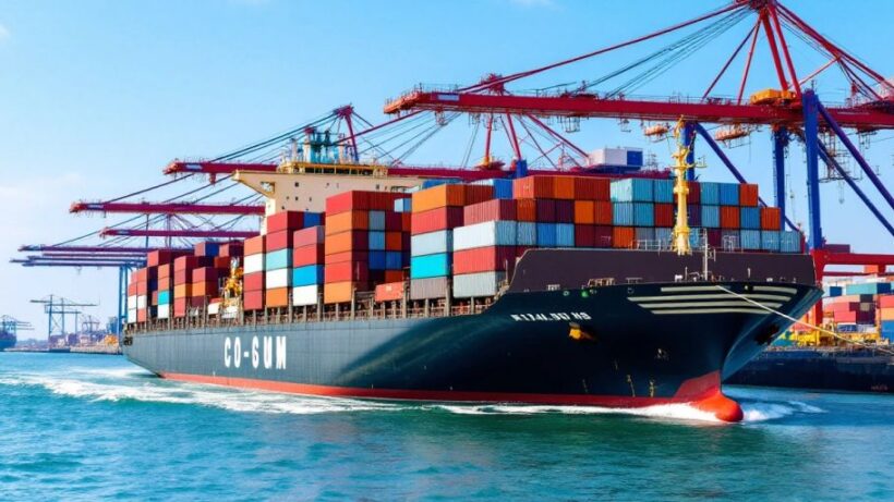 Cargo ship with containers in an Indian port.