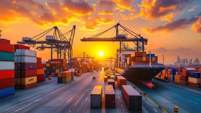 Cargo containers and cranes at a Dubai shipping port.