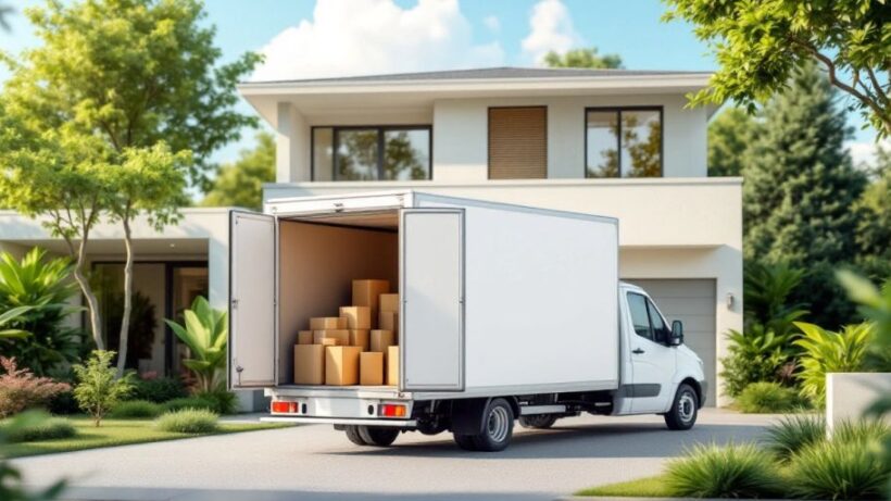 Delivery truck in front of a home with packages.