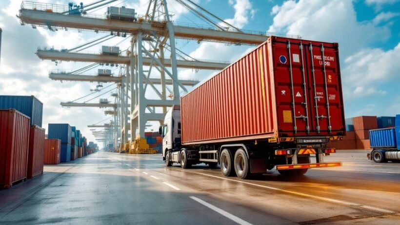 Shipping containers being loaded for delivery to Liberia.