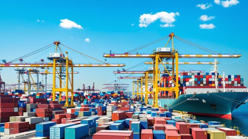 Busy shipping port in UAE with cargo ships and containers.