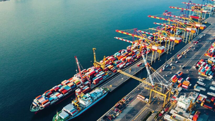 Cargo ships and containers at a busy UAE port.