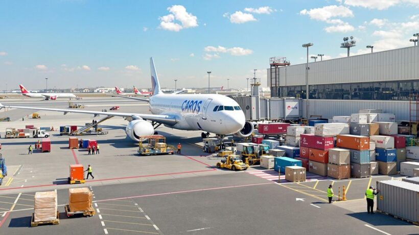 Air cargo operations at a busy UAE airport.