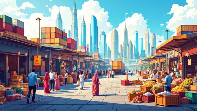 Dubai trade market with diverse goods and people.