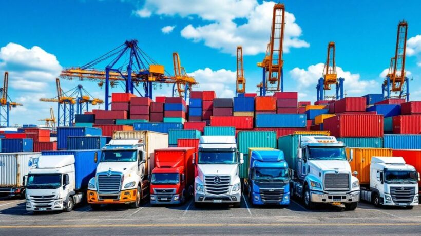 Vehicles ready for export at a UAE port.