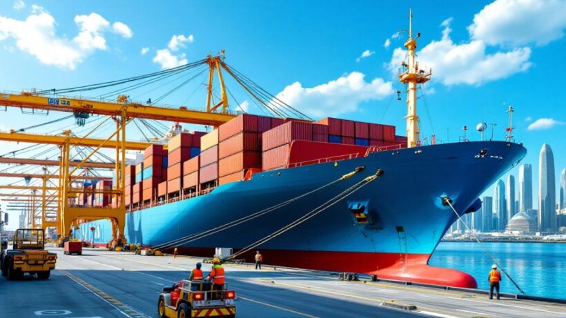 Cargo ship in Dubai port with containers and skyline.