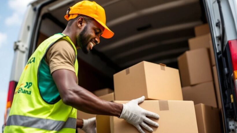 Cargo worker loading boxes into a delivery van.