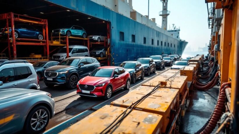 Cargo ship with vehicles at UAE port.