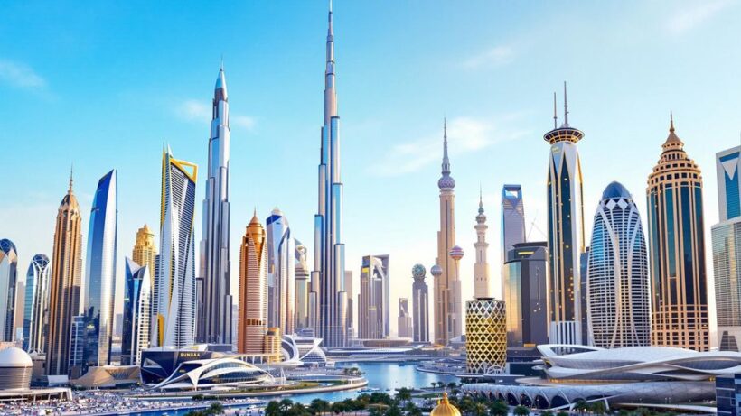 Modern UAE skyline with iconic buildings and clear blue sky.