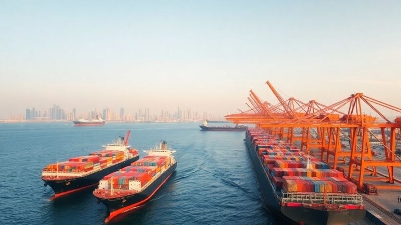 Aerial view of a shipping port with cargo ships.