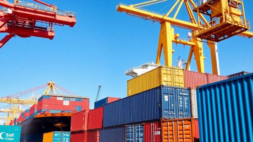 Shipping containers at a busy African port.