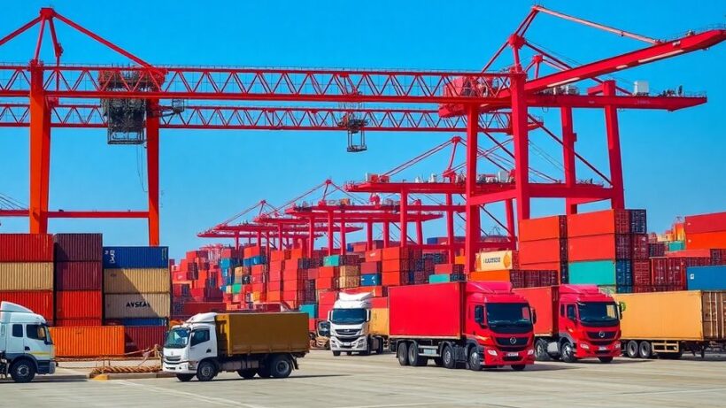 Logistics warehouse with shipping containers and active cranes.