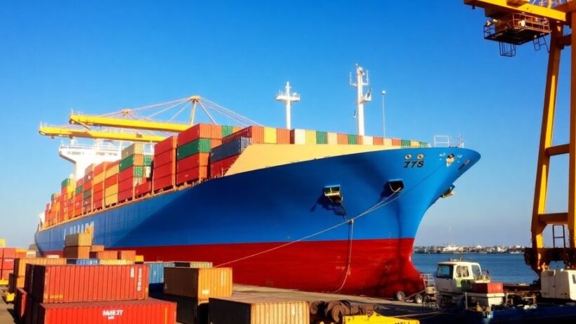 Cargo ship at port with containers in Liberia.