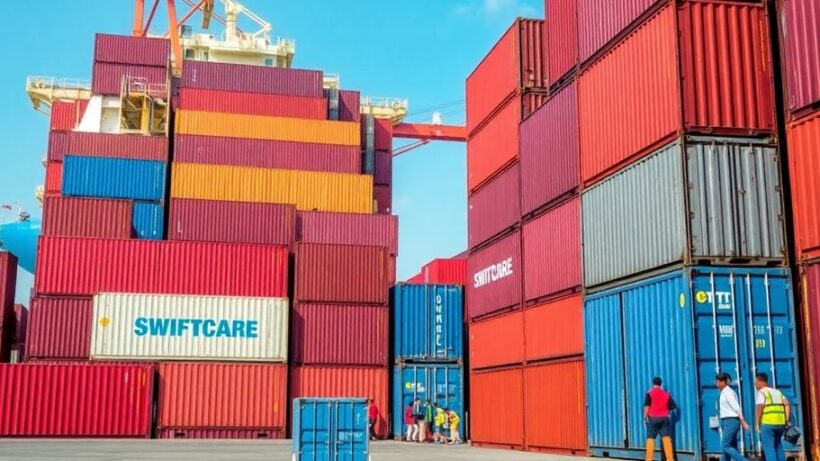 Cargo containers at a port in Ghana with a ship.