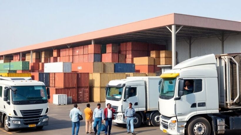 Logistics hub in UAE with trucks and shipping containers.