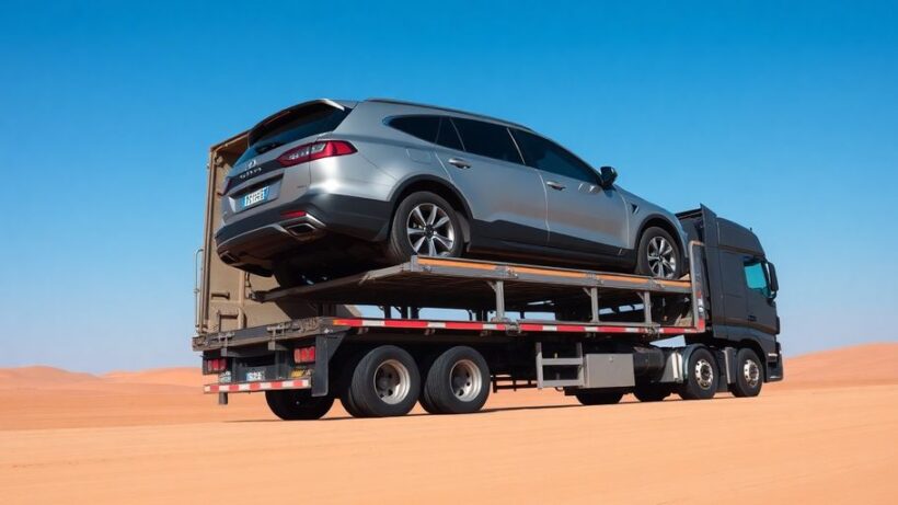 Truck transporting vehicle in desert landscape for shipping.