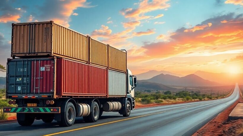 Cargo truck transporting containers in African landscape.